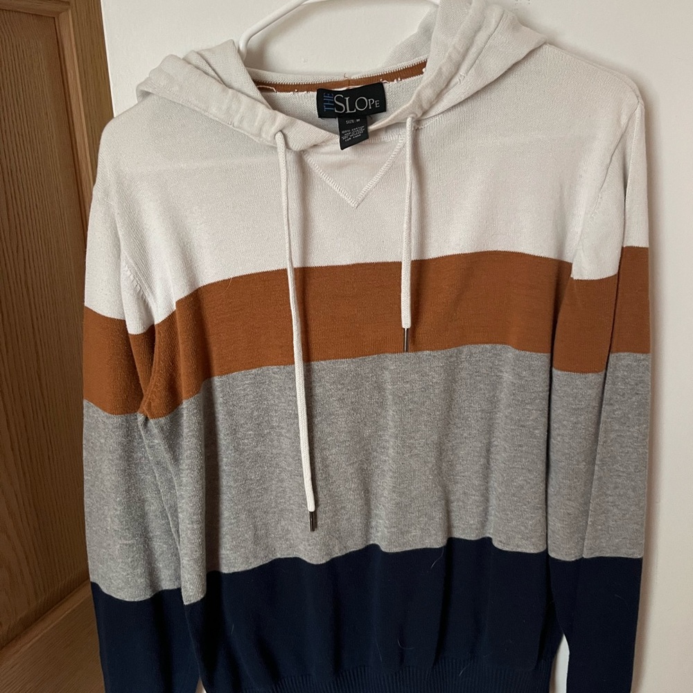 Striped Hoodie in White, Brown, Gray, and Navy